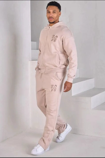 Two-piece set: beige zip-up sweatshirt and joggers