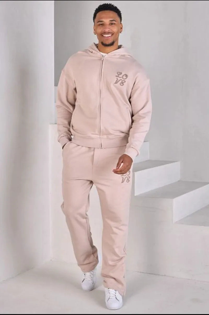 Two-piece set: beige zip-up sweatshirt and joggers