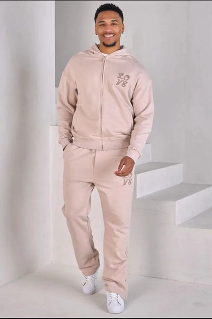 Two-piece set: beige zip-up sweatshirt and joggers