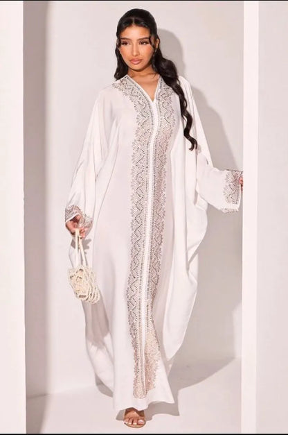 Abaya blanche à strass dorés rectangles