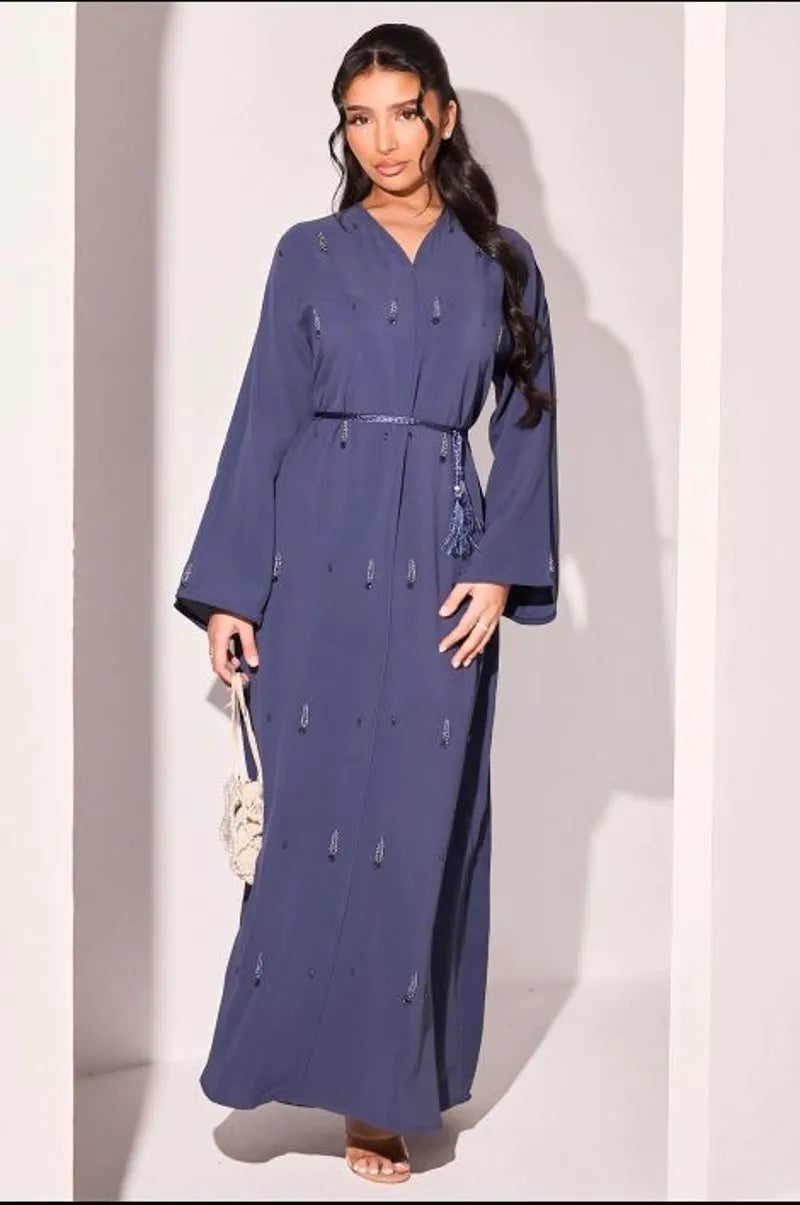 Abaya bleu foncé à strass eu feuille et fleurs