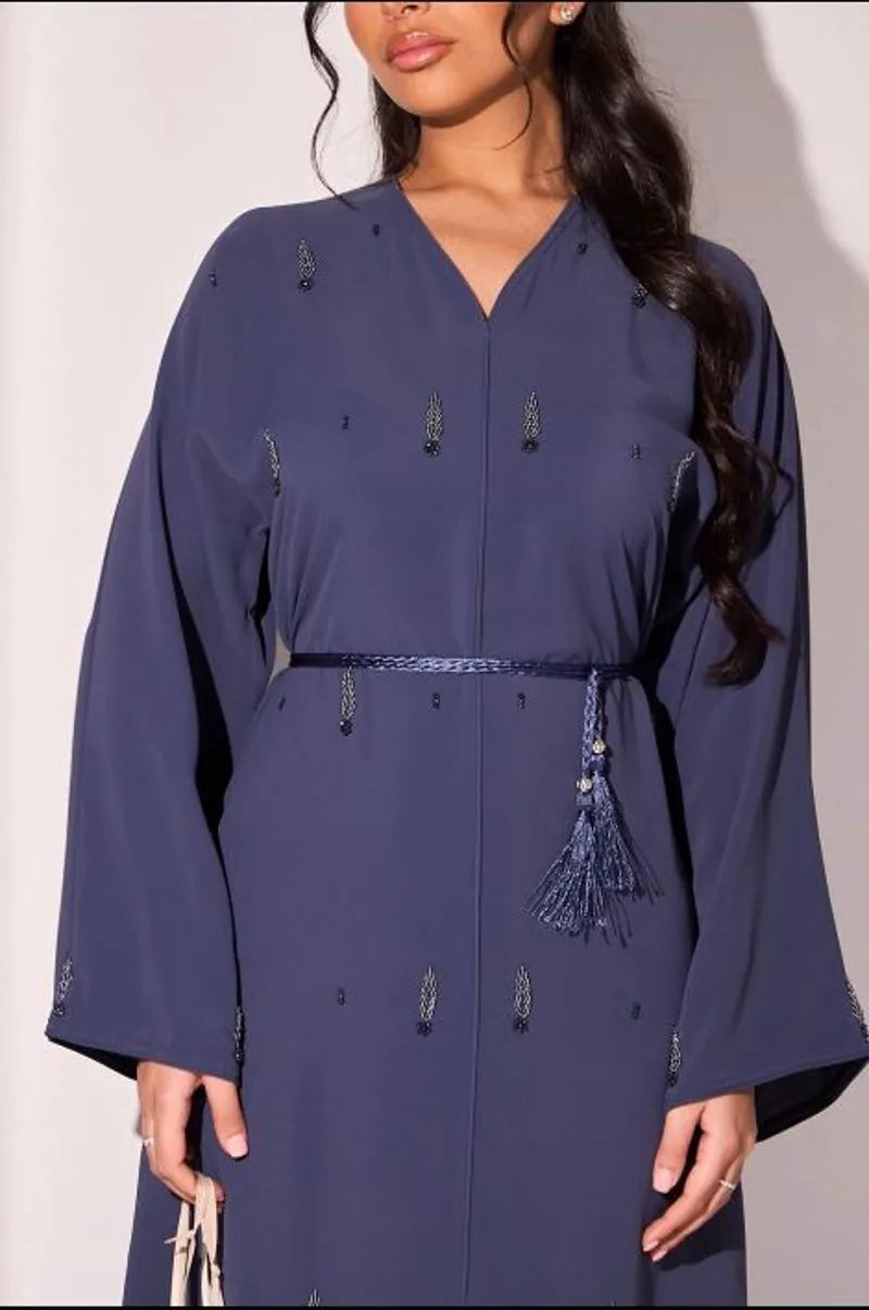 Abaya bleu foncé à strass eu feuille et fleurs