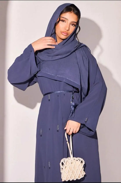 Abaya bleu foncé à strass eu feuille et fleurs