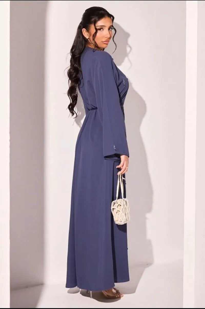 Abaya bleu foncé à strass eu feuille et fleurs