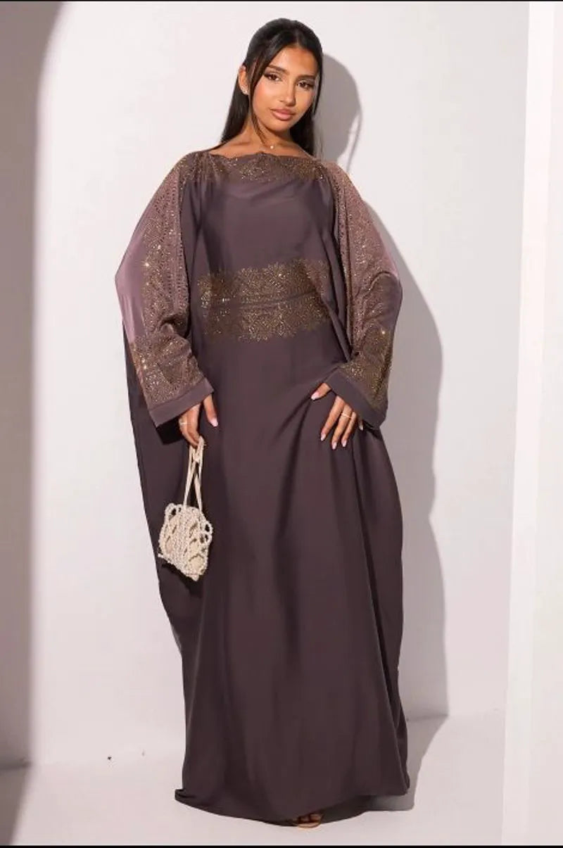 Abaya gris violet à empiècement doré + voile