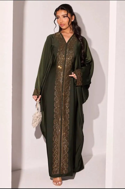 Abaya kaki à strass dorés rectangles