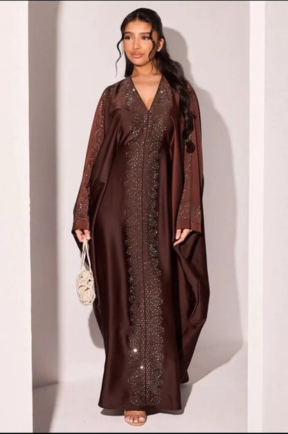 Abaya marron à strass argentés en ovales