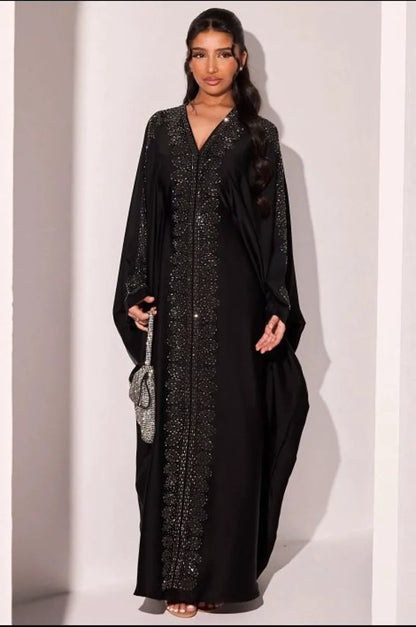 Abaya noire à strass argentés en ovales