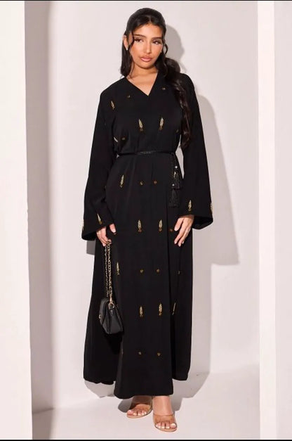 Abaya noire à strass dorés en forme de feuilles et fleurs