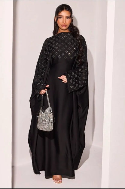 Abaya noire à strass en forme de fleurs argentées