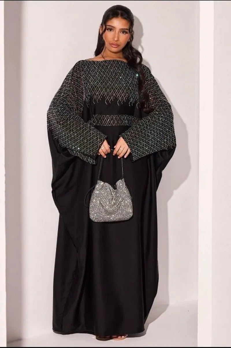 Abaya noire à strass en vagues argentées