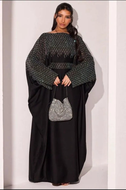 Abaya noire à strass en vagues argentées