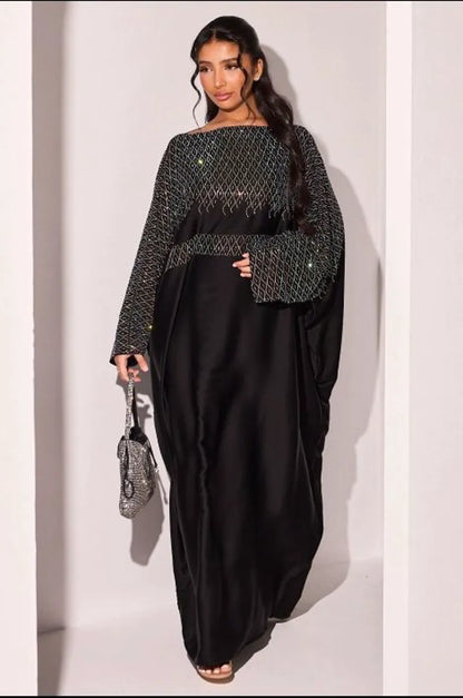 Abaya noire à strass en vagues argentées