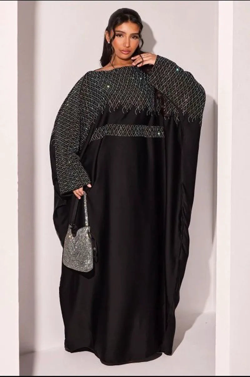 Abaya noire à strass en vagues argentées
