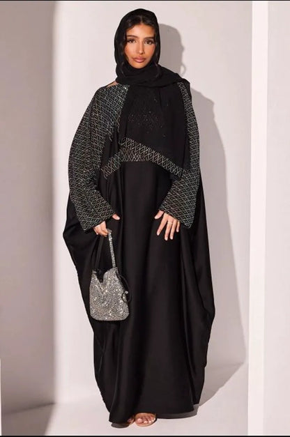 Abaya noire à strass en vagues argentées