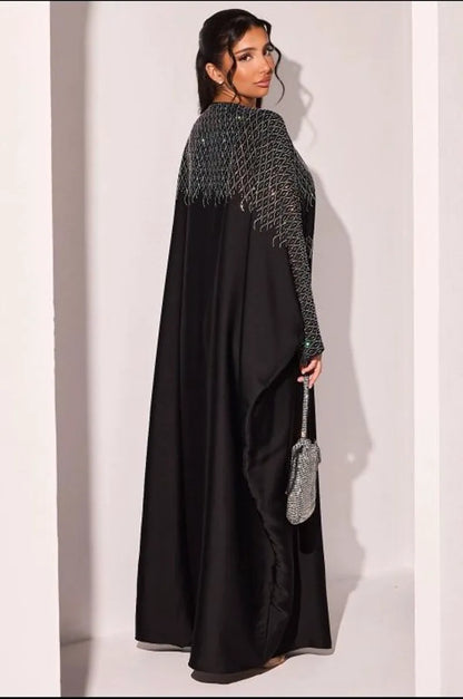 Abaya noire à strass en vagues argentées
