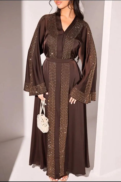 Abaya style kimono marron à strass argentés et dorés + voile