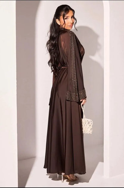 Abaya style kimono marron à strass argentés et dorés + voile