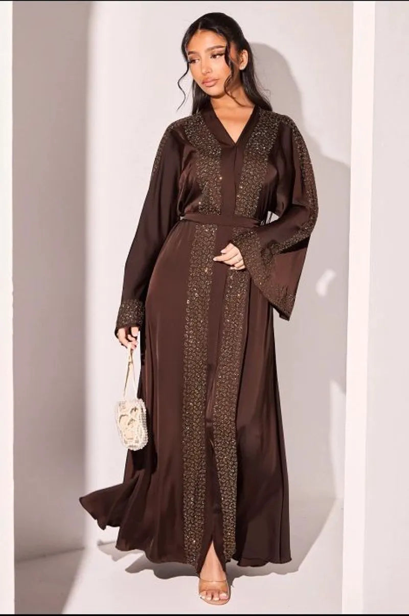 Abaya style kimono marron à strass argentés et dorés + voile