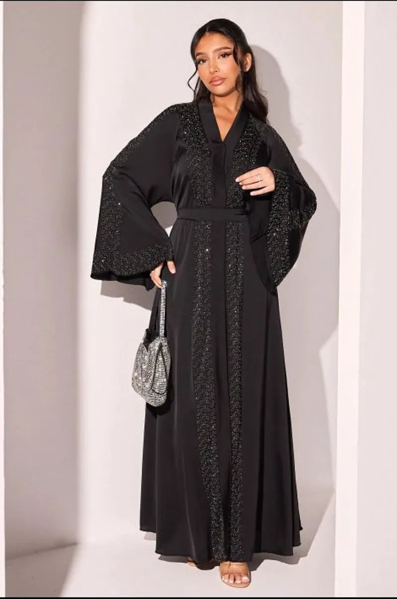 Abaya style kimono noire à strass argentés et noires + voile
