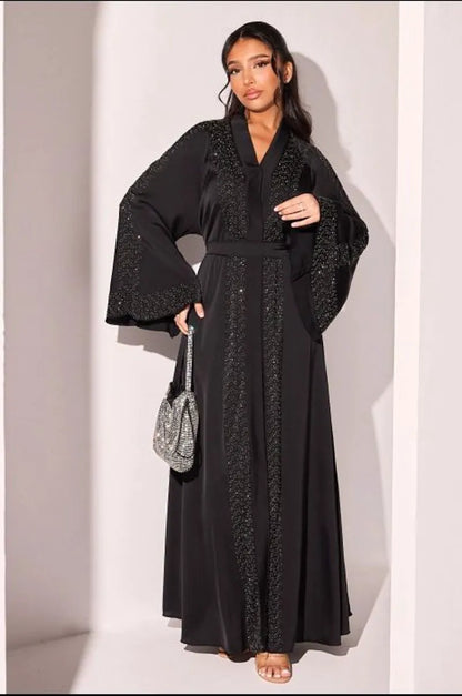 Abaya style kimono noire à strass argentés et noires + voile