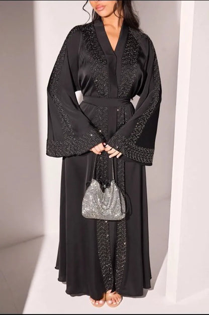 Abaya style kimono noire à strass argentés et noires + voile