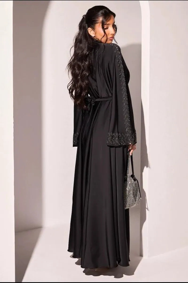 Abaya style kimono noire à strass argentés et noires + voile