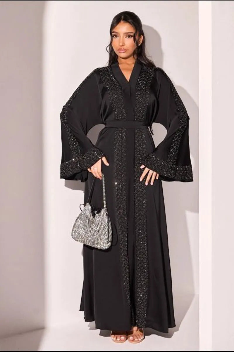 Abaya style kimono noire à strass argentés et noires + voile