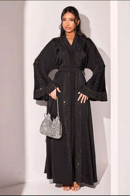 Abaya style kimono noire à strass argentés et noires + voile