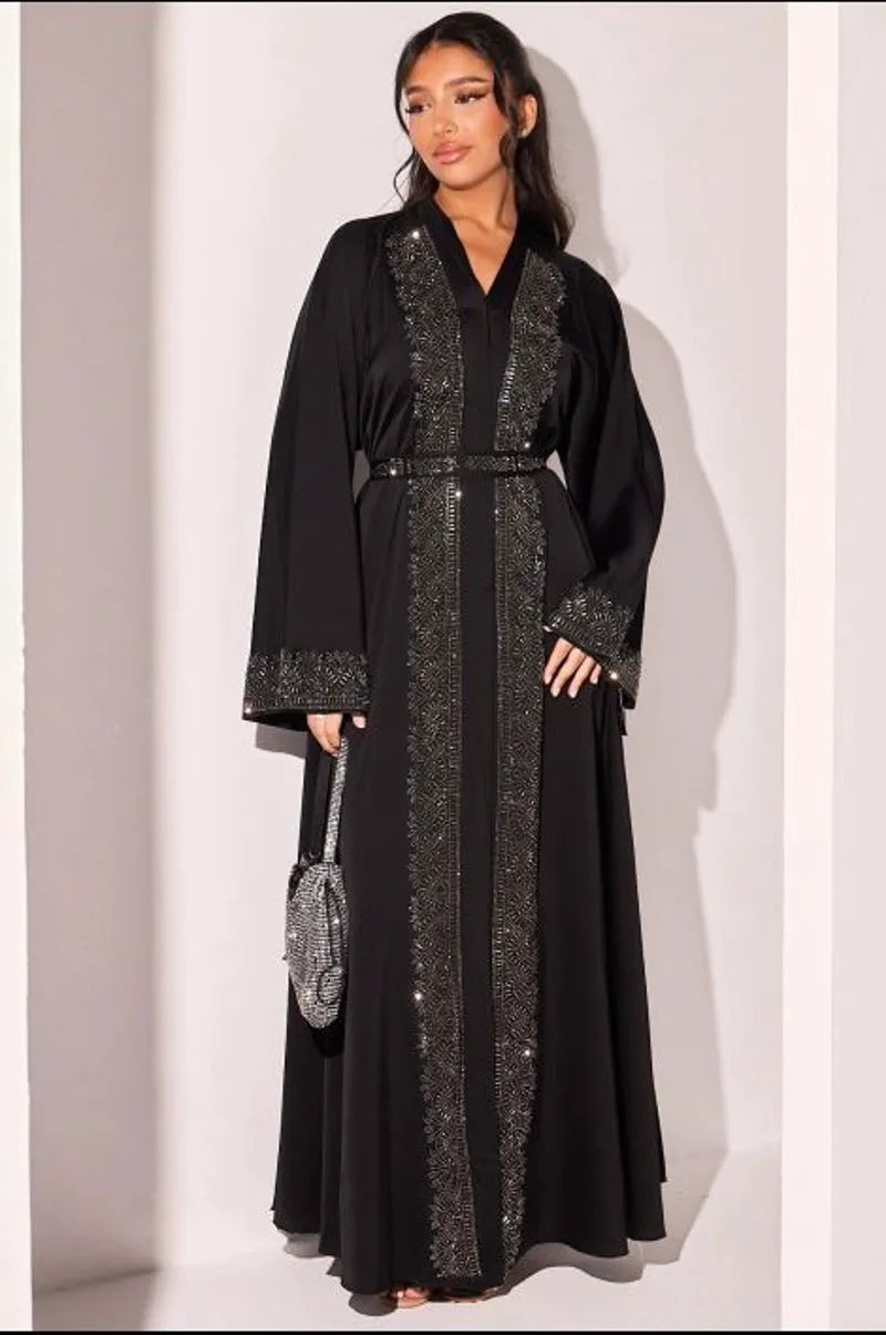 Abaya style kimono noire à strass argentés rectangles