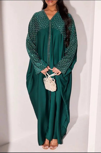 Abaya vert foncé à strass argentés en forme de feuille + voile