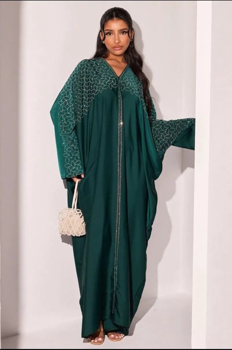 Abaya vert foncé à strass argentés en forme de feuille + voile