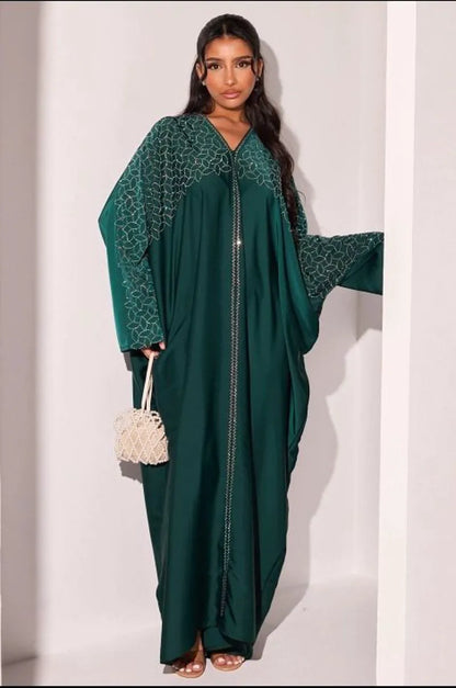 Abaya vert foncé à strass argentés en forme de feuille + voile