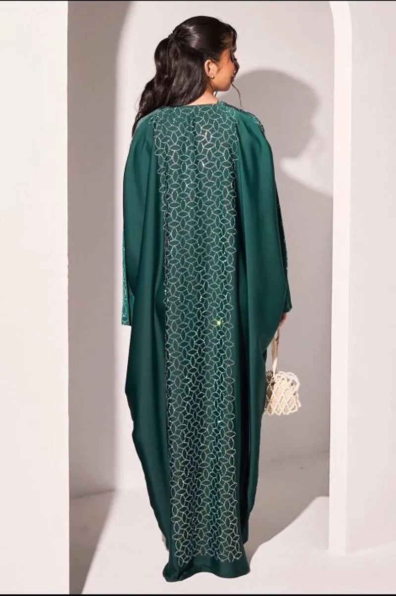 Abaya vert foncé à strass argentés en forme de feuille + voile