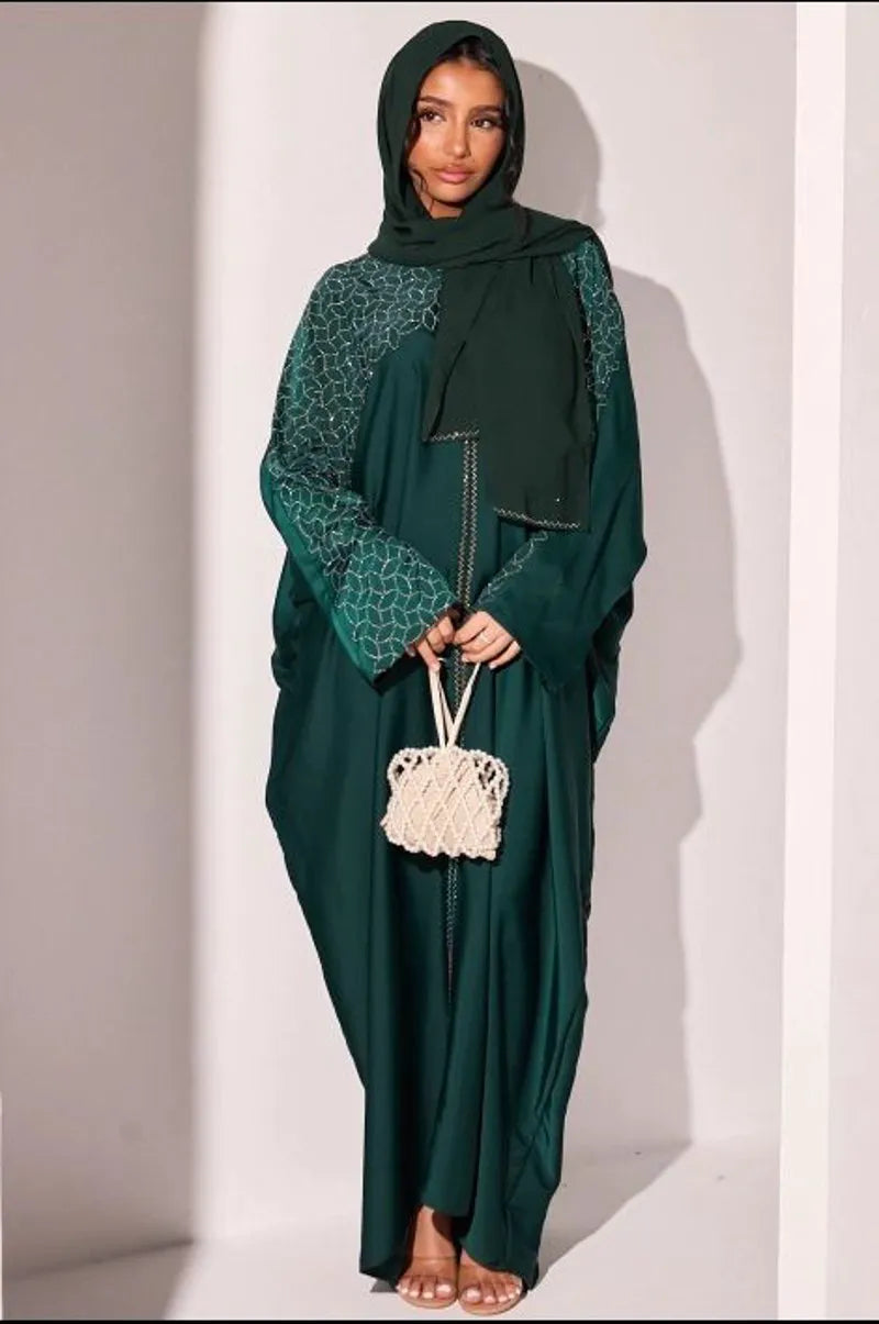 Abaya vert foncé à strass argentés en forme de feuille + voile