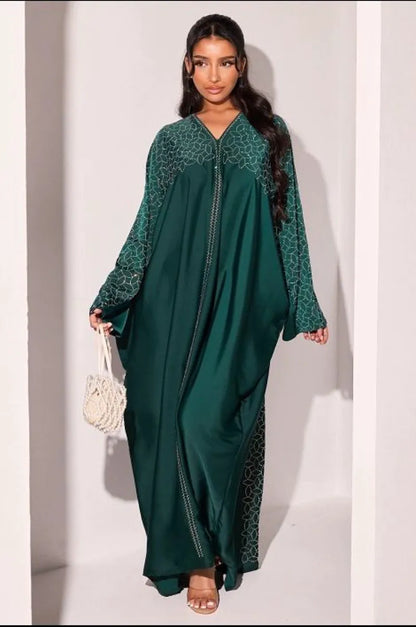 Abaya vert foncé à strass argentés en forme de feuille + voile