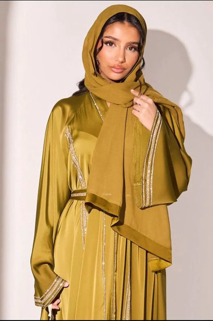 Abaya vert olive à strass bicolore en bandes + voile