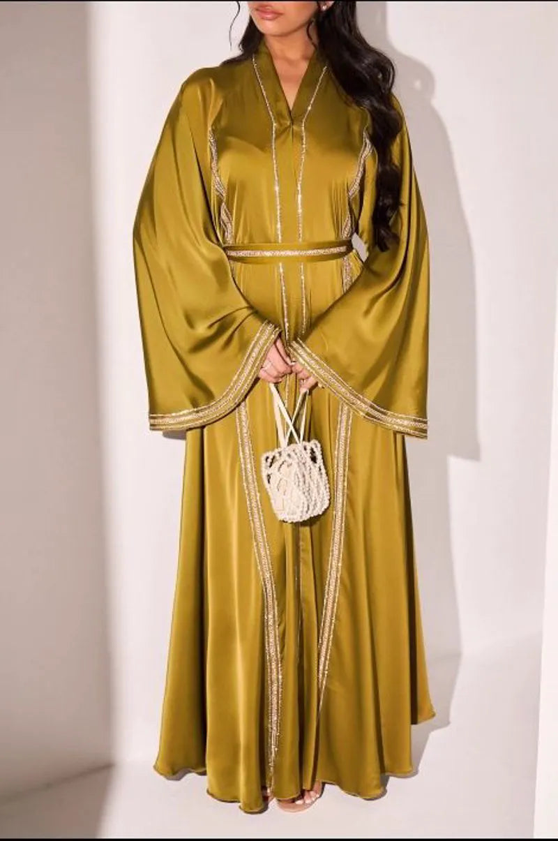 Abaya vert olive à strass bicolore en bandes + voile