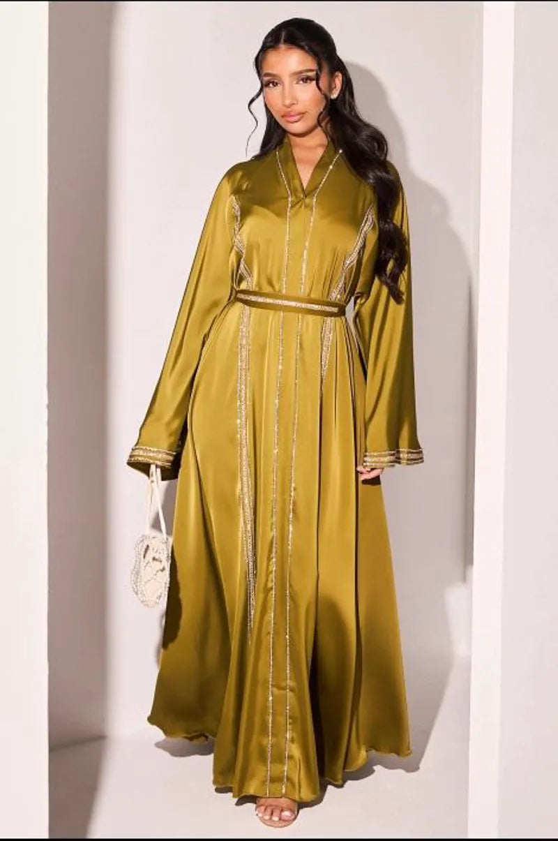Abaya vert olive à strass bicolore en bandes + voile