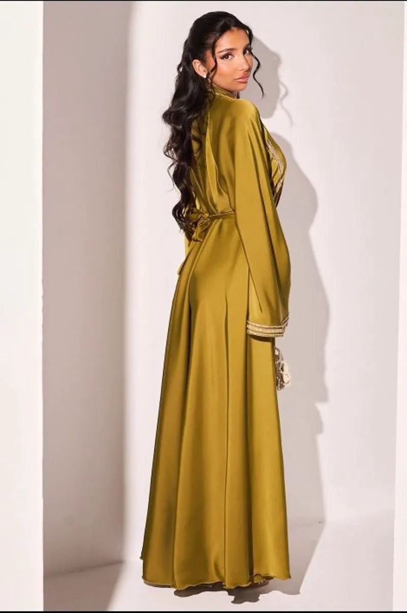 Abaya vert olive à strass bicolore en bandes + voile
