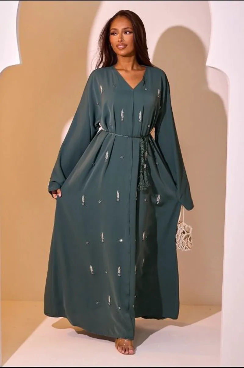 Abaya verte foncée à strass dorés en forme de feuilles et fleurs