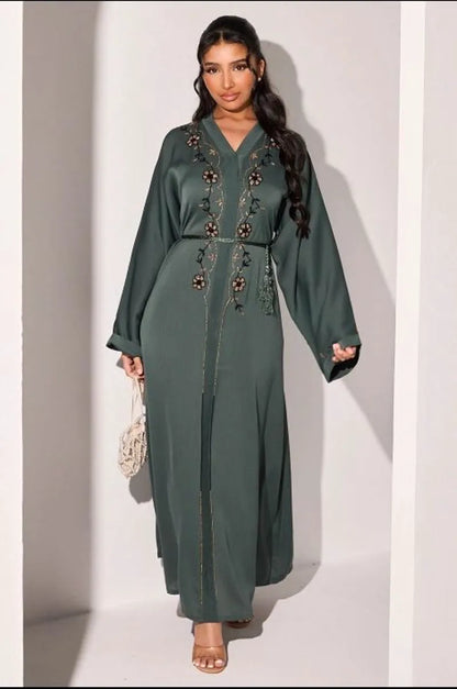 Abaya vert/gris à strass dorés en forme de fleurs