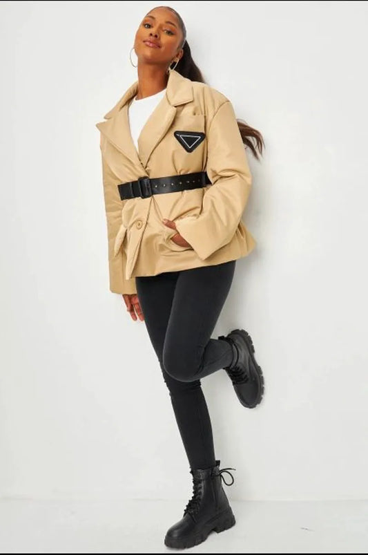 Beige belted blazer-style puffer jacket