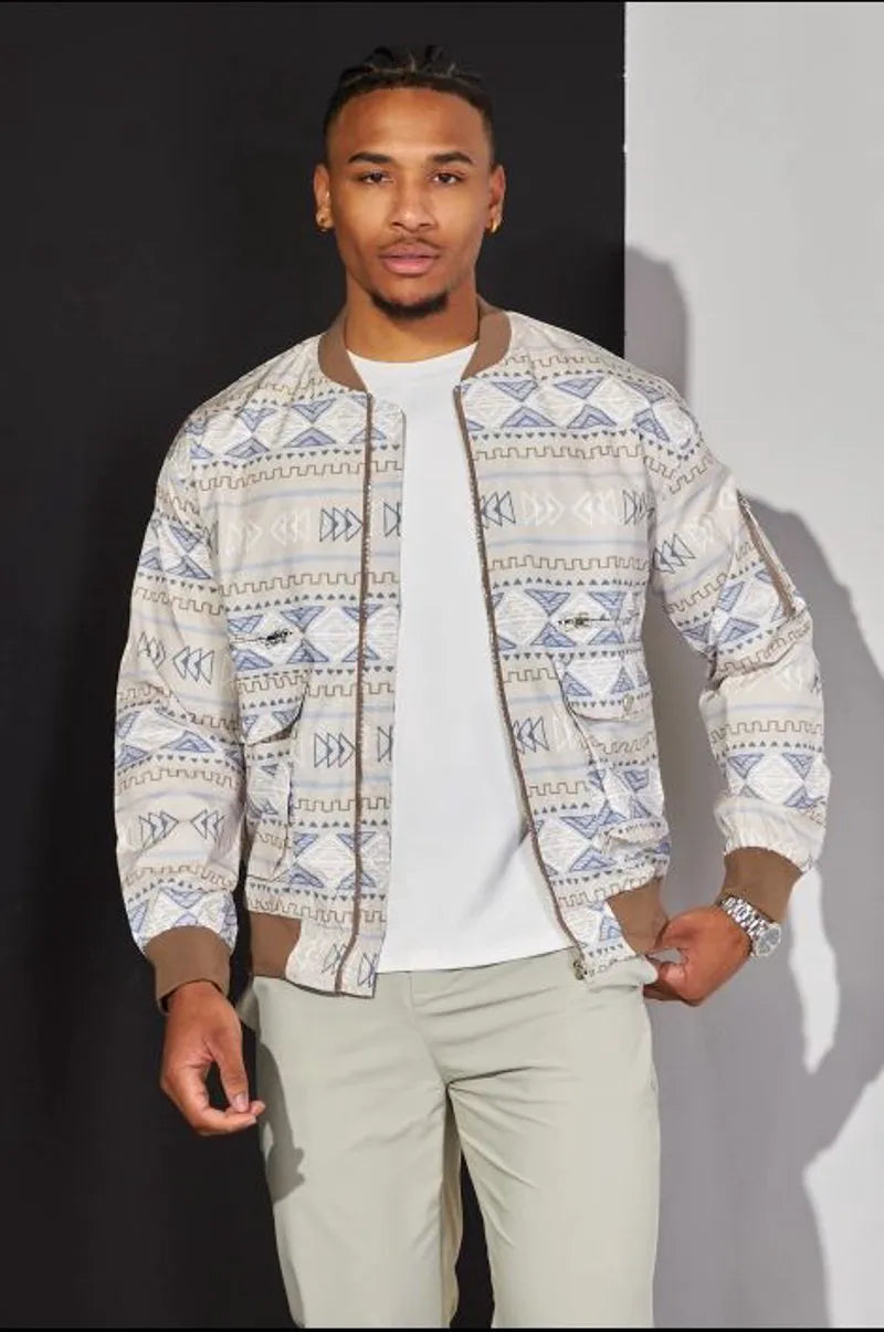 Tricolor aztec pattern beige bomber jacket
