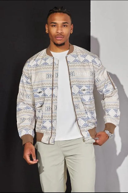 Tricolor aztec pattern beige bomber jacket