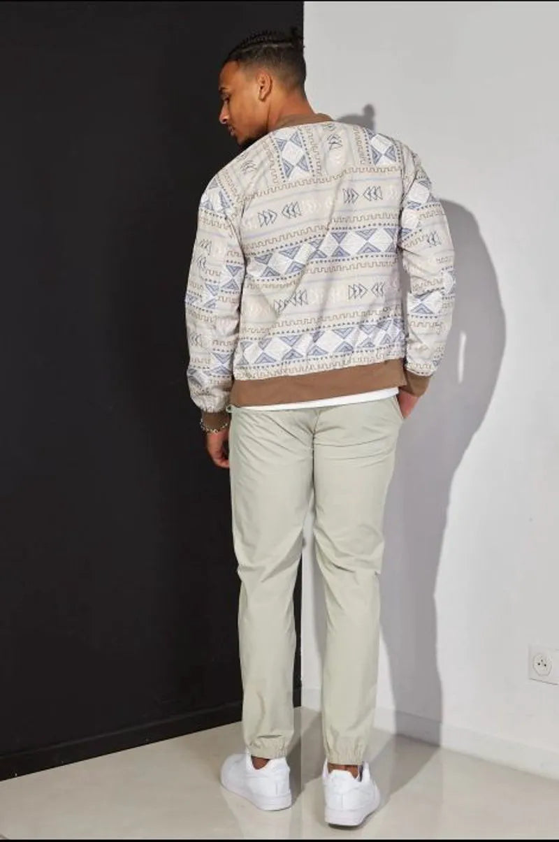 Tricolor aztec pattern beige bomber jacket