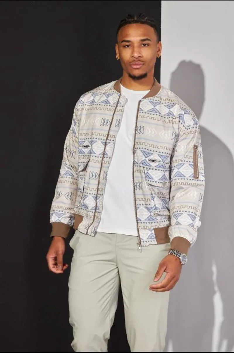 Tricolor aztec pattern beige bomber jacket