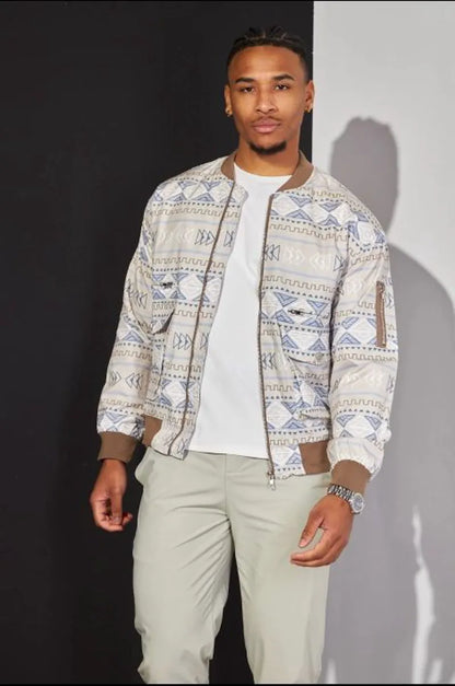 Tricolor aztec pattern beige bomber jacket