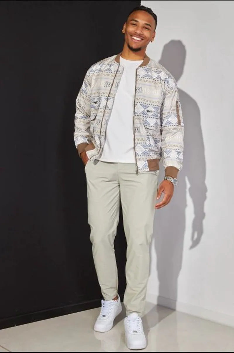 Tricolor aztec pattern beige bomber jacket