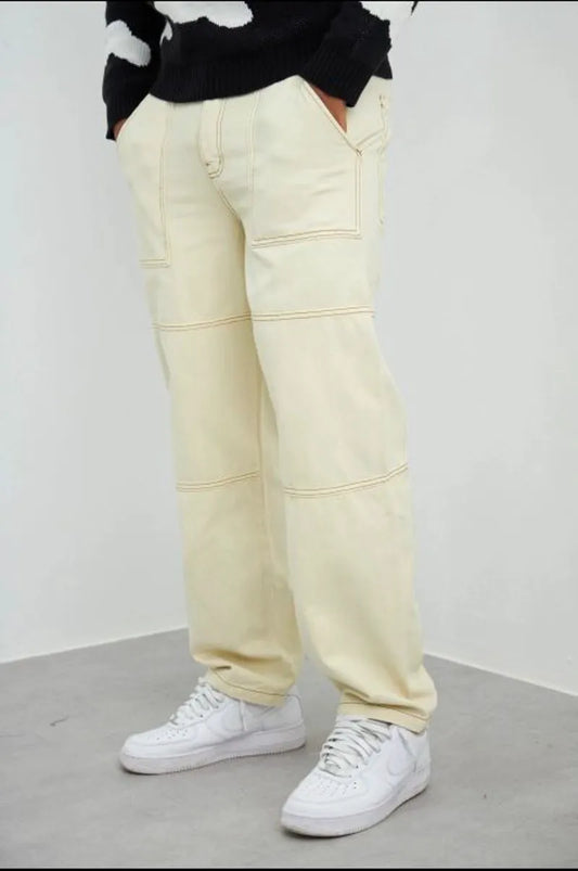 Beige cargo jeans with brown stitching